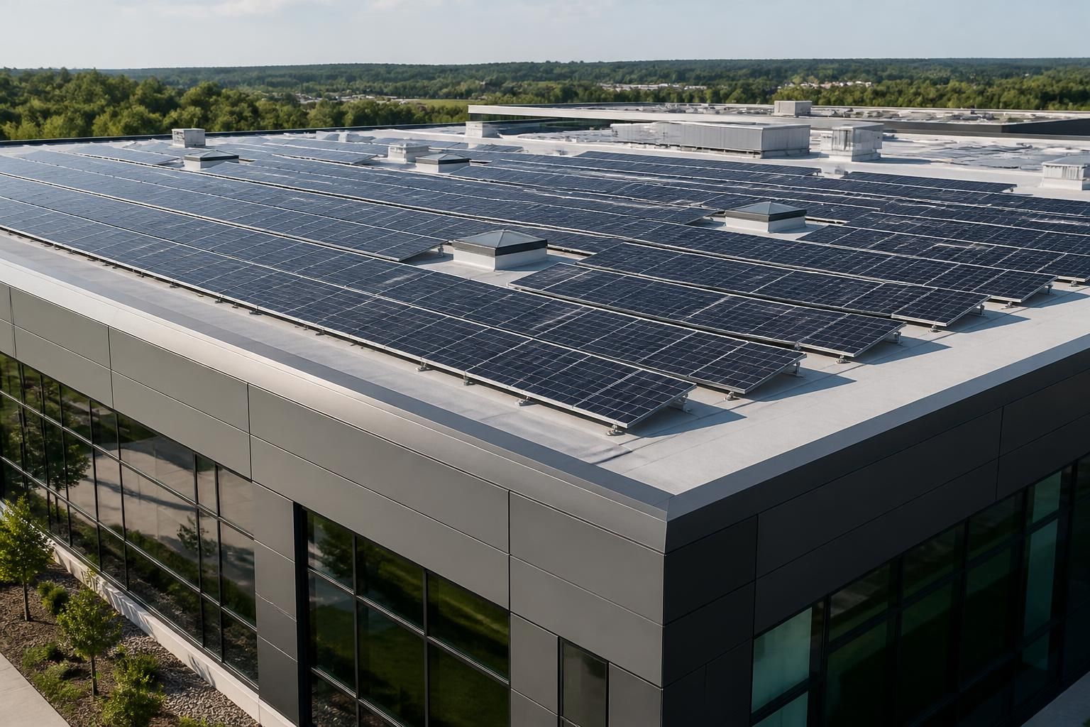 Modern commercial building with large rooftop solar installation.