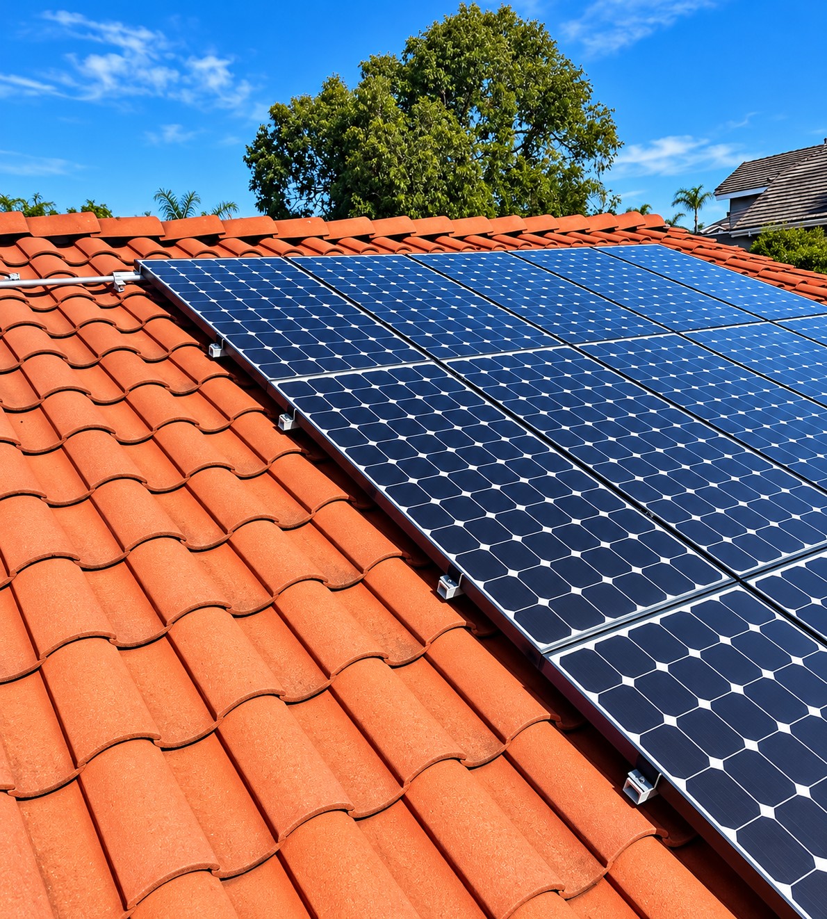 Solar panels on tile roof (home hero)