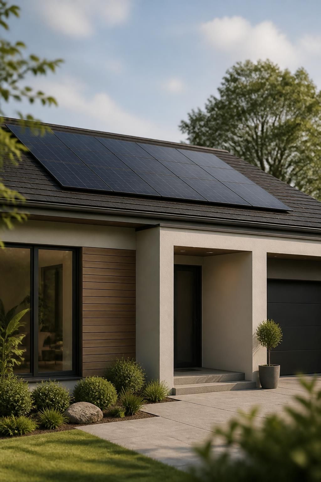 Contemporary home exterior with neatly integrated solar panels.