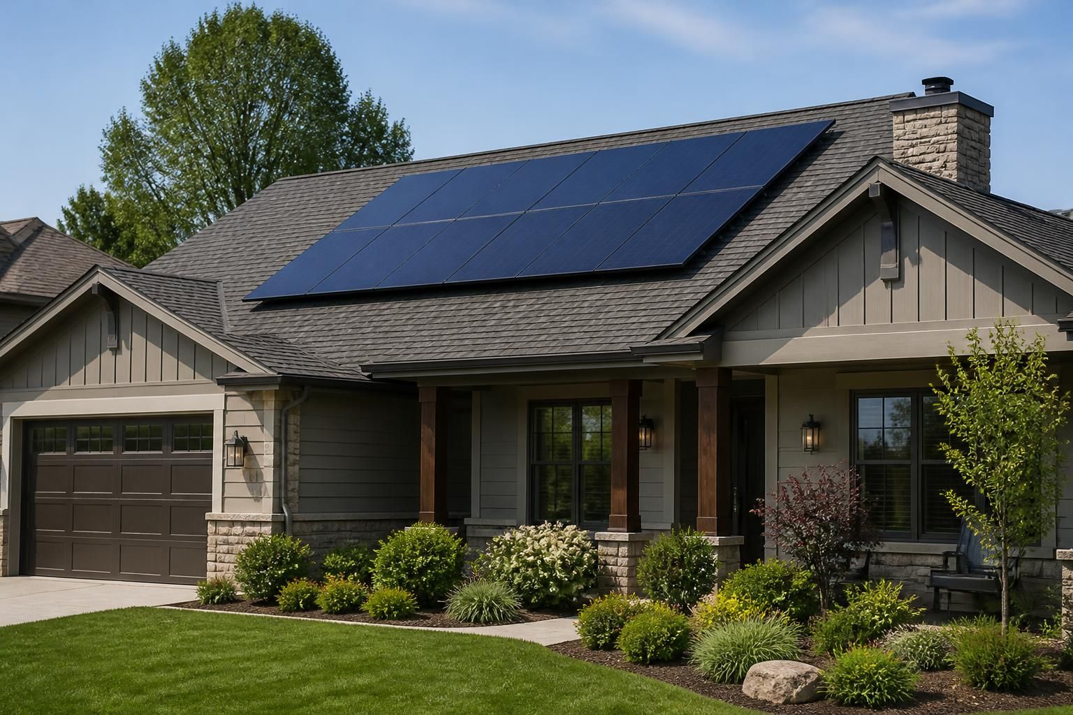 Suburban home with a clean rooftop solar array.