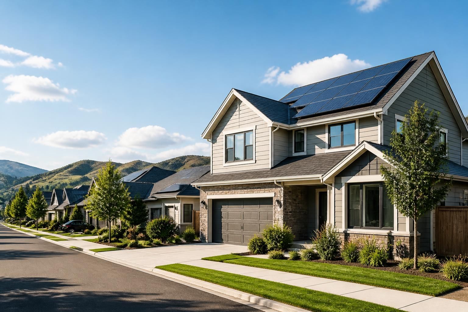 Suburban homes with rooftop solar panels in natural light.