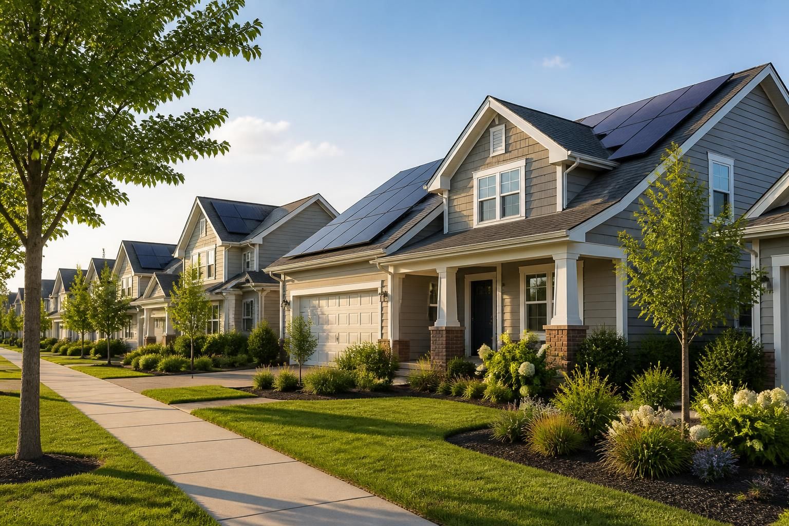 Well-kept homes with rooftop solar panels and tidy landscaping.