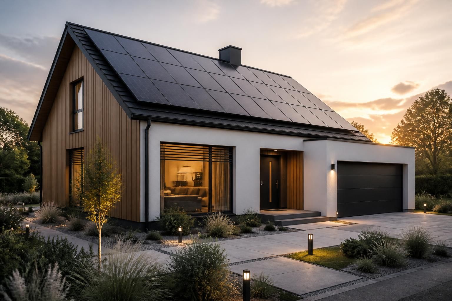 Modern home exterior with solar panels and calm surroundings.