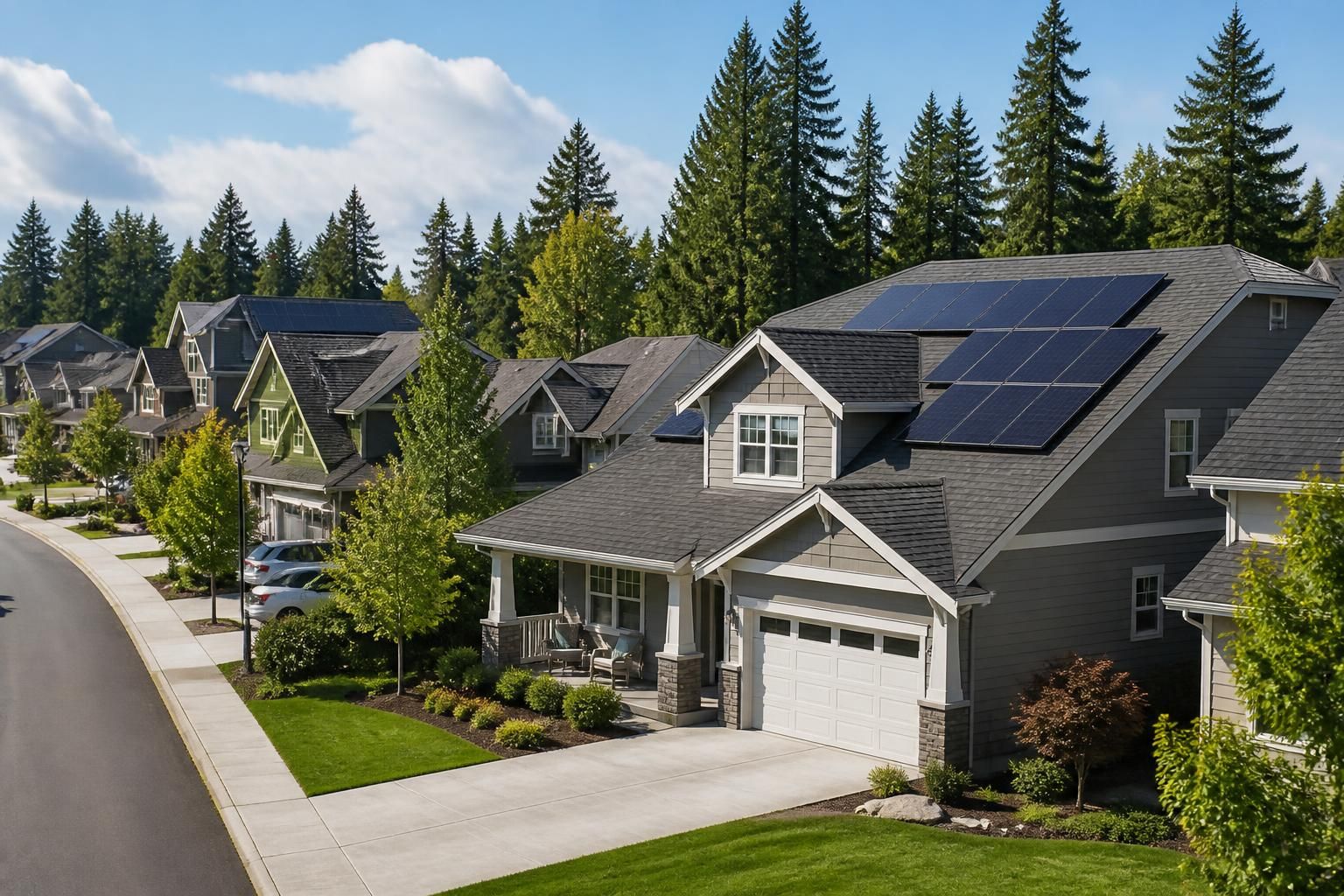Residential neighborhood with clean rooftops and visible solar panels.