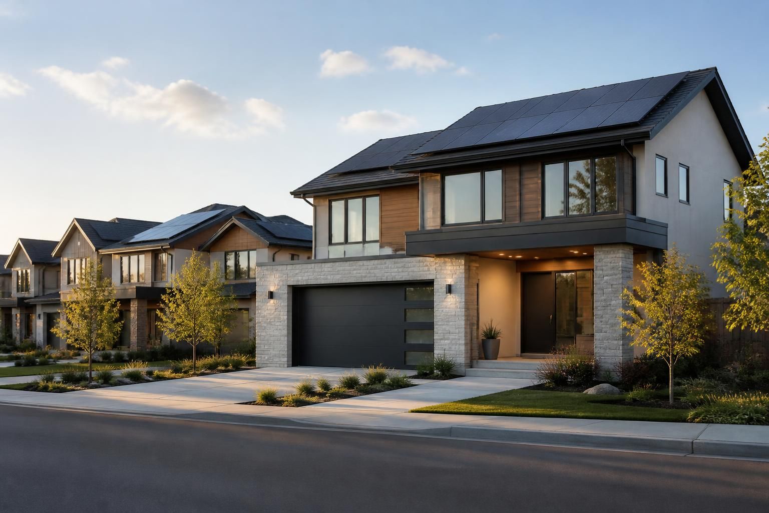 Upscale homes with sleek rooftop solar panels.