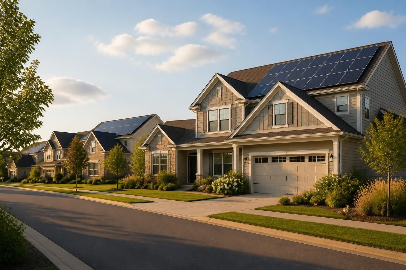 Residential street with homes featuring rooftop solar arrays.