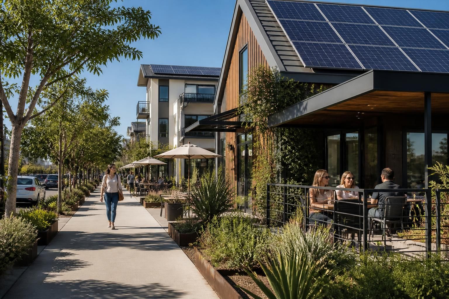 Mixed neighborhood streetscape with visible solar installations.