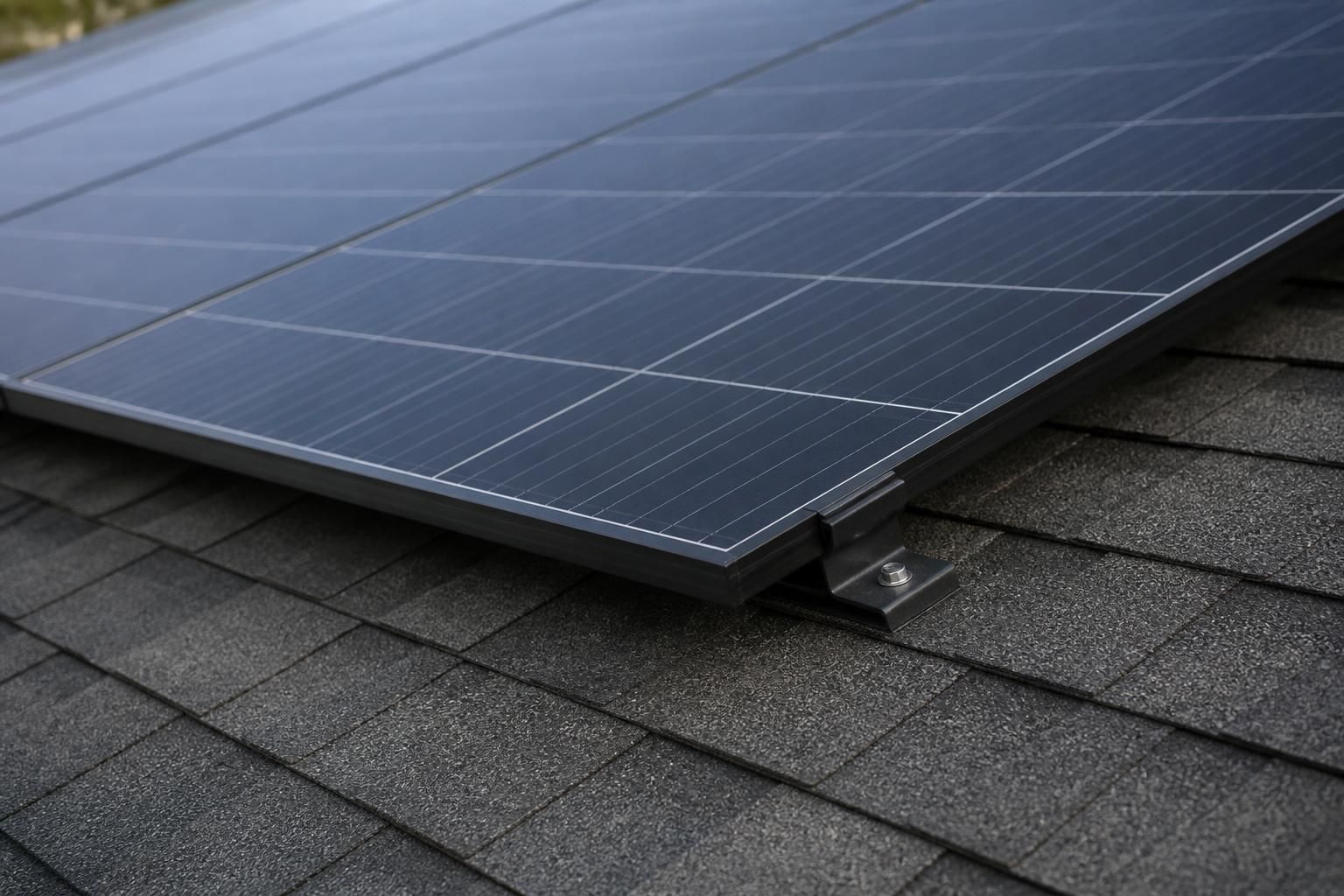 Close-up of solar panel surface and mounting hardware on roof.