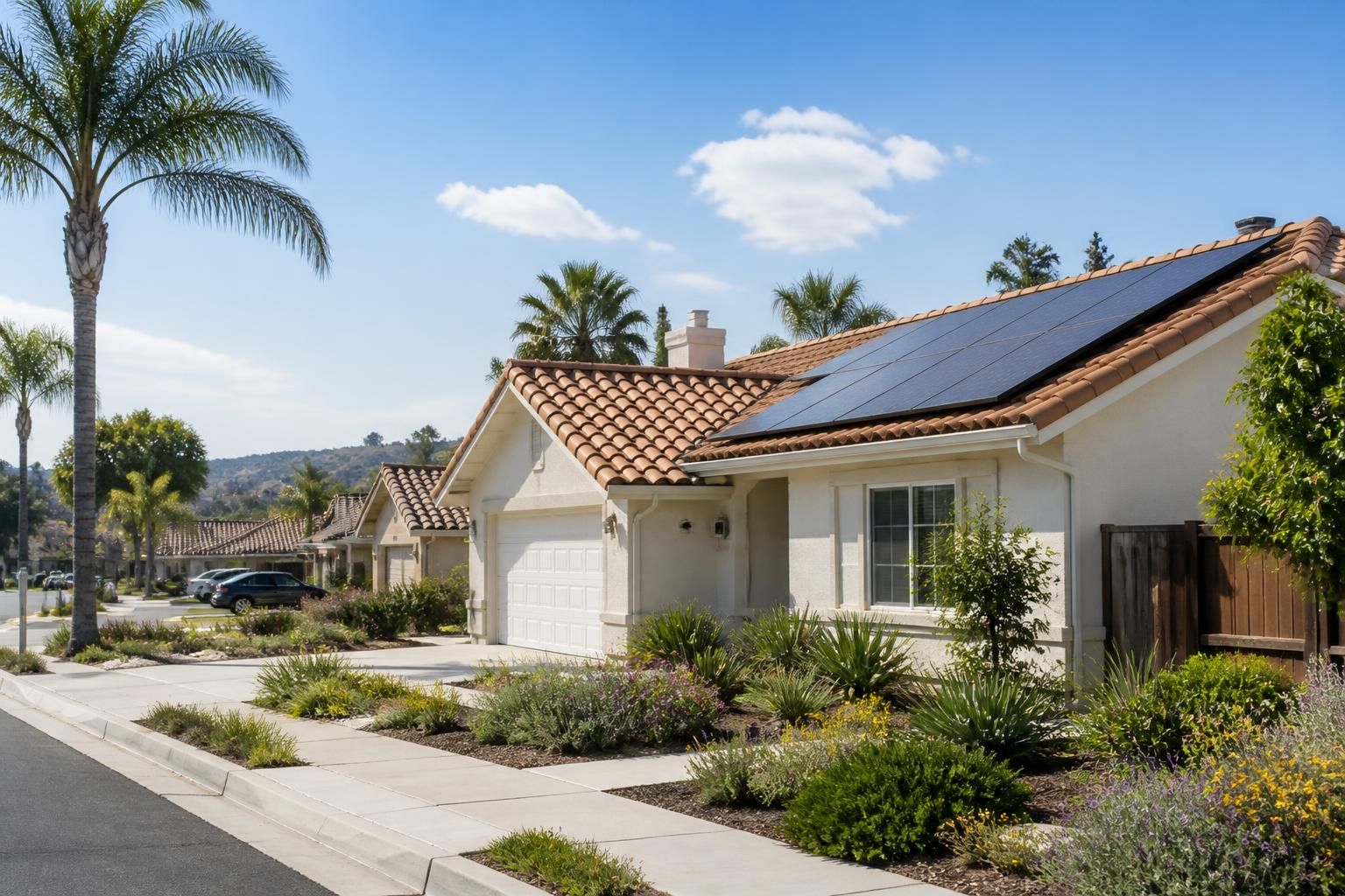 Sunlit neighborhood homes with rooftop solar panels.