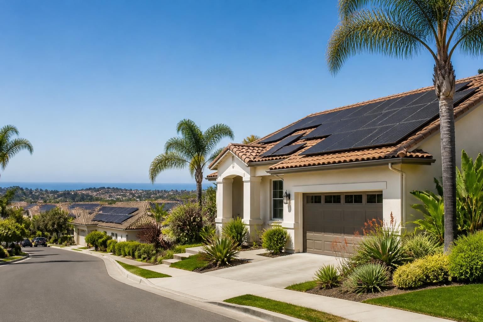 Sunlit homes with prominent rooftop solar arrays.