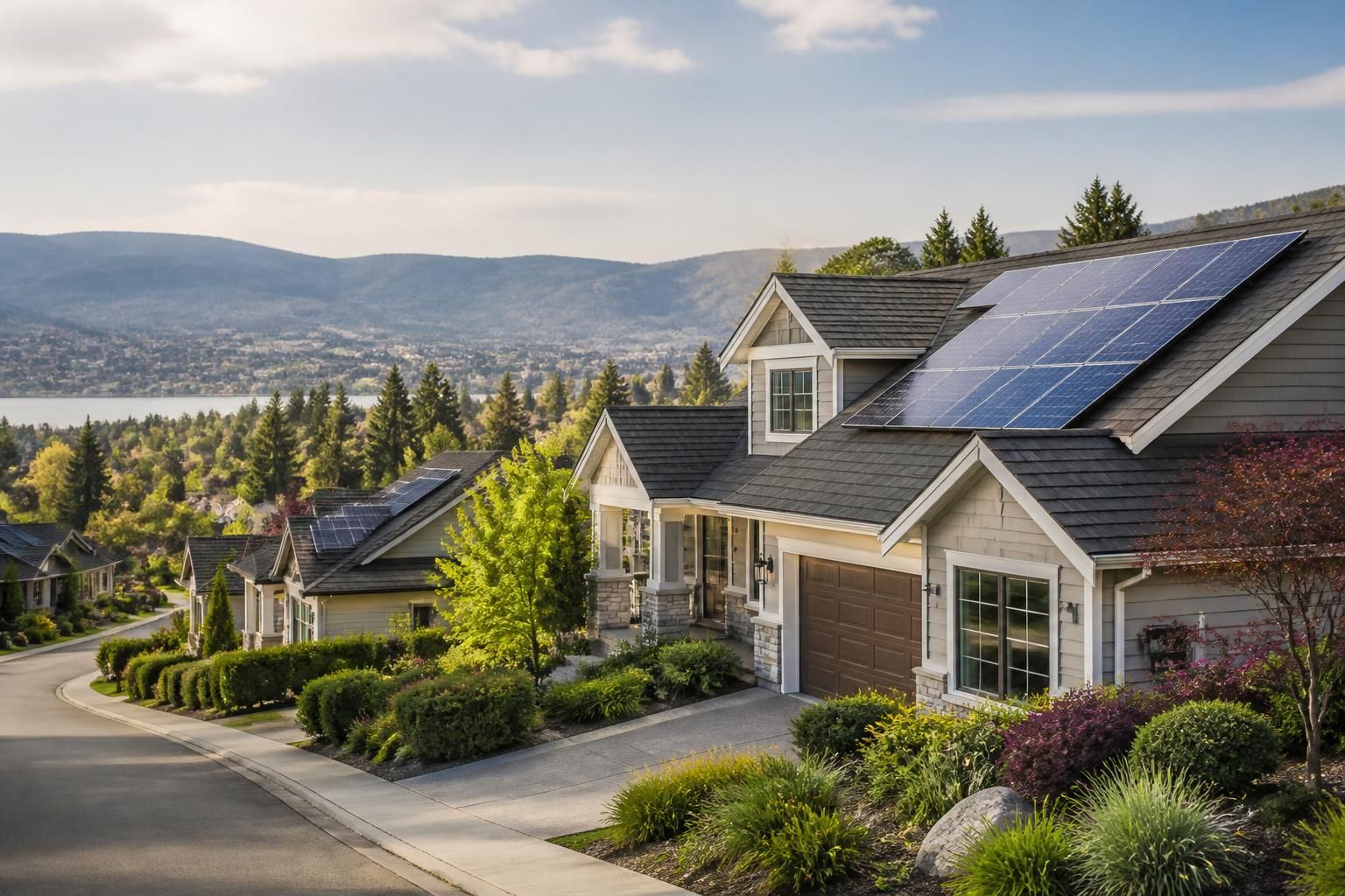 Suburban hillside homes with rooftop solar installations.